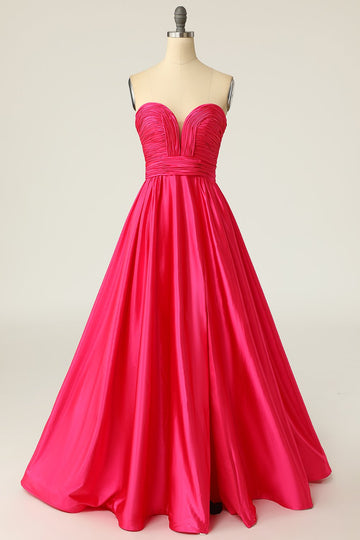 Hot Pink Sweetheart Strapless Long Ball Dress with Ruchings